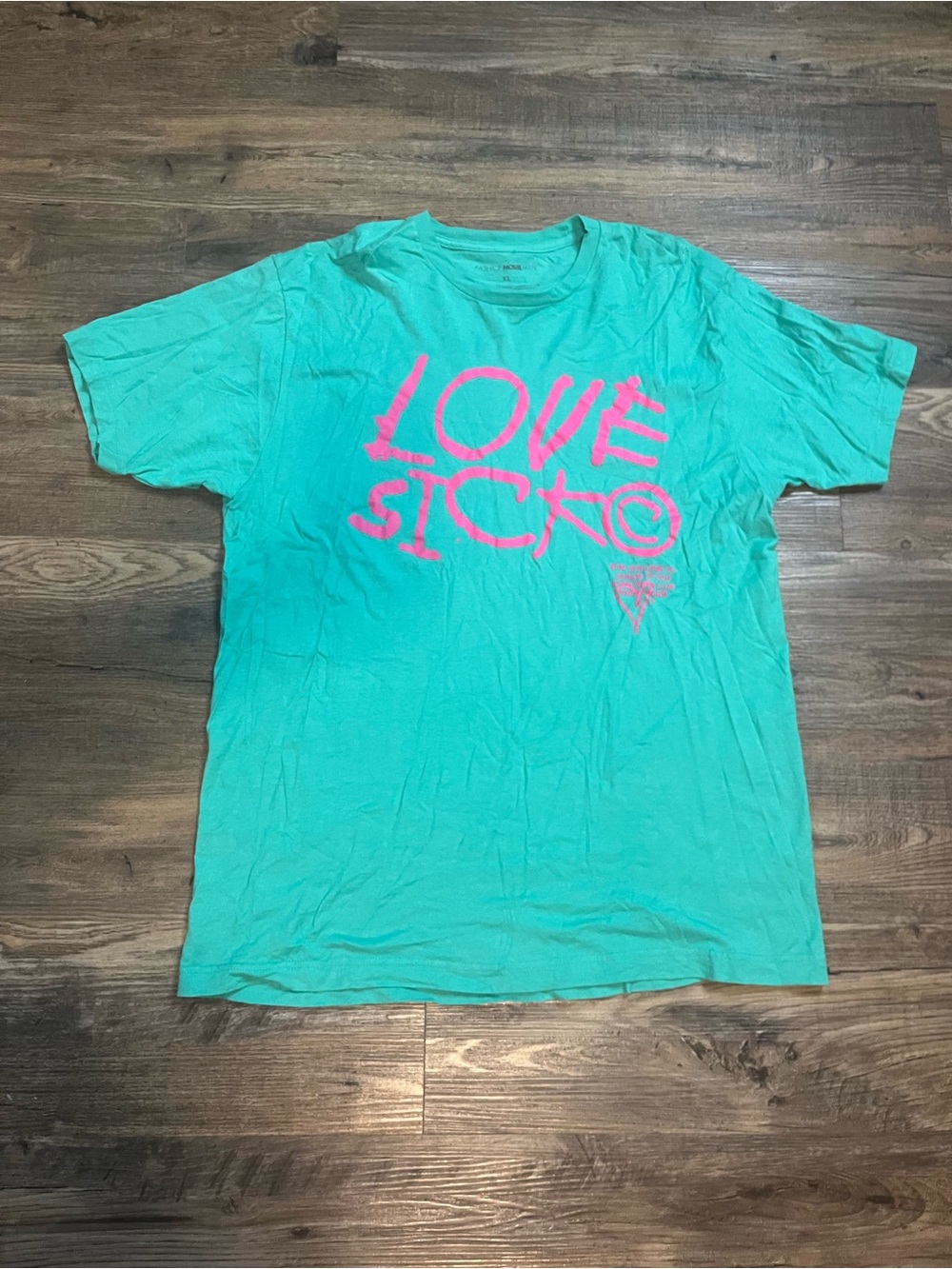 Fashion Nova Teal Graphic "Love Sick" Tee with Pink Print